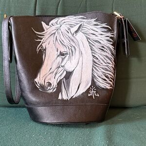 Black Leather Bag with White Horse Design